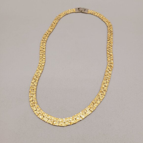 Flat Nugget Gold Tone Necklace and Bracelet Set Textured Links - Picture 2 of 7